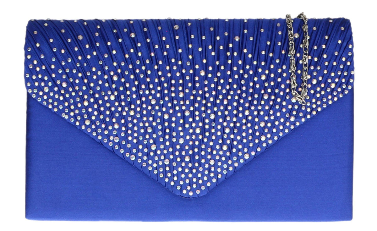 Girly Handbags Womens Pleated Satin Clutch Bag Diamante Shoulder Chain Elegant Prom Wedding Evening - Blue