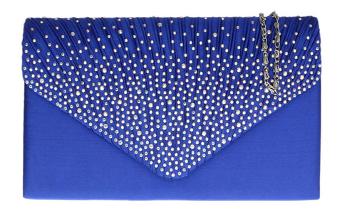 Girly Handbags Womens Pleated Satin Clutch Bag Diamante Shoulder Chain Elegant Prom Wedding Evening - Blue