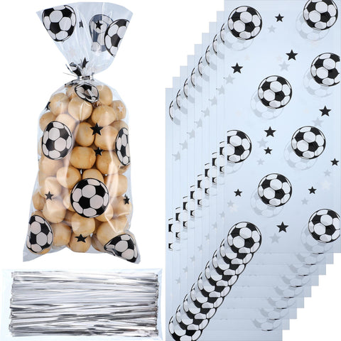 100 Pcs Soccer Treat Bags Gift Bags, Soccer Party Favors Bag Heat Sealable Treat Candy Bags Soccer Cellophane Bag with 100 Pcs Silver Twist Ties (Clear)