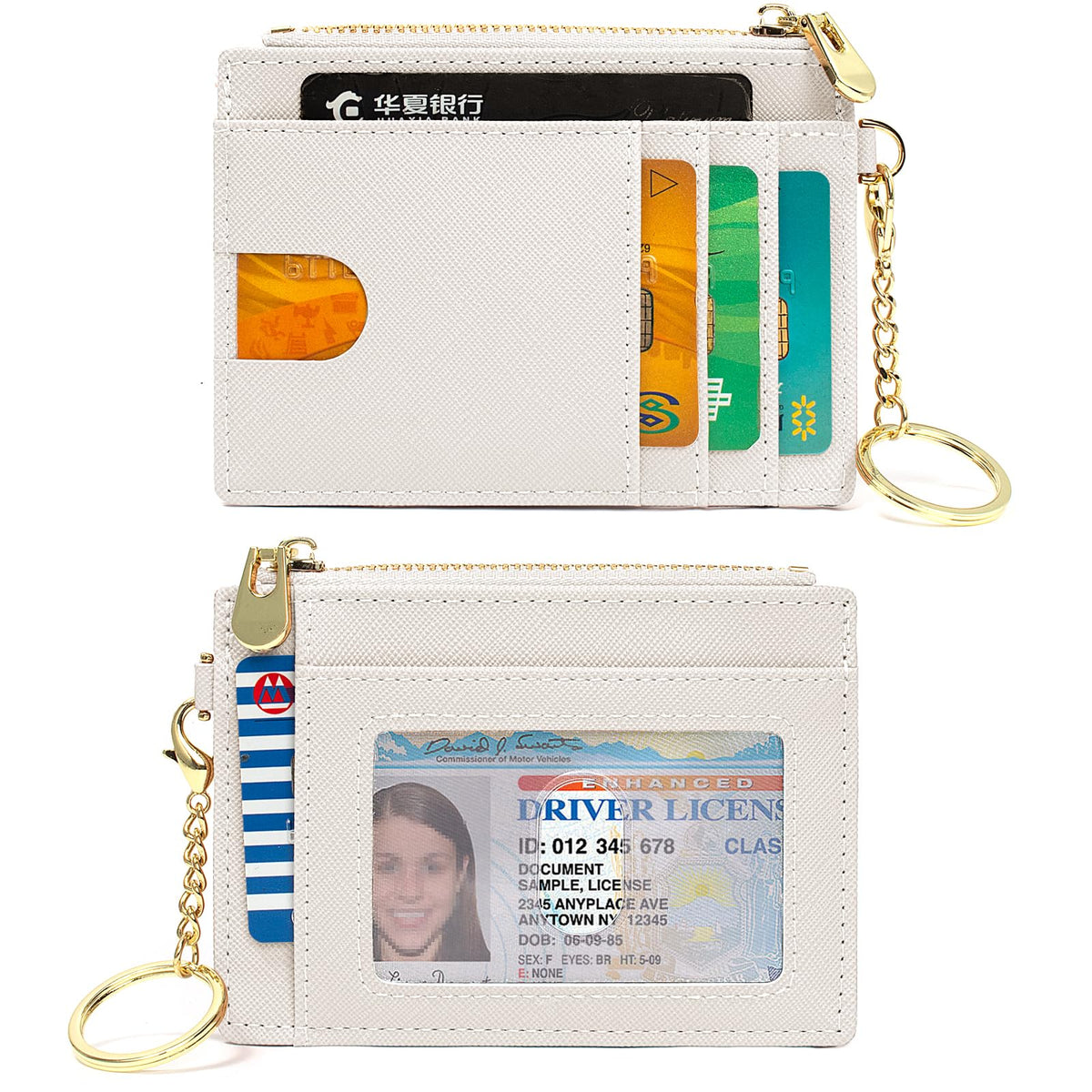 Small Pocket Wallet Slim RFID Blocking Card Holder Keychian Zipper Coin Purse Mini Cash & Coin & Cards Case for Women Men (White)