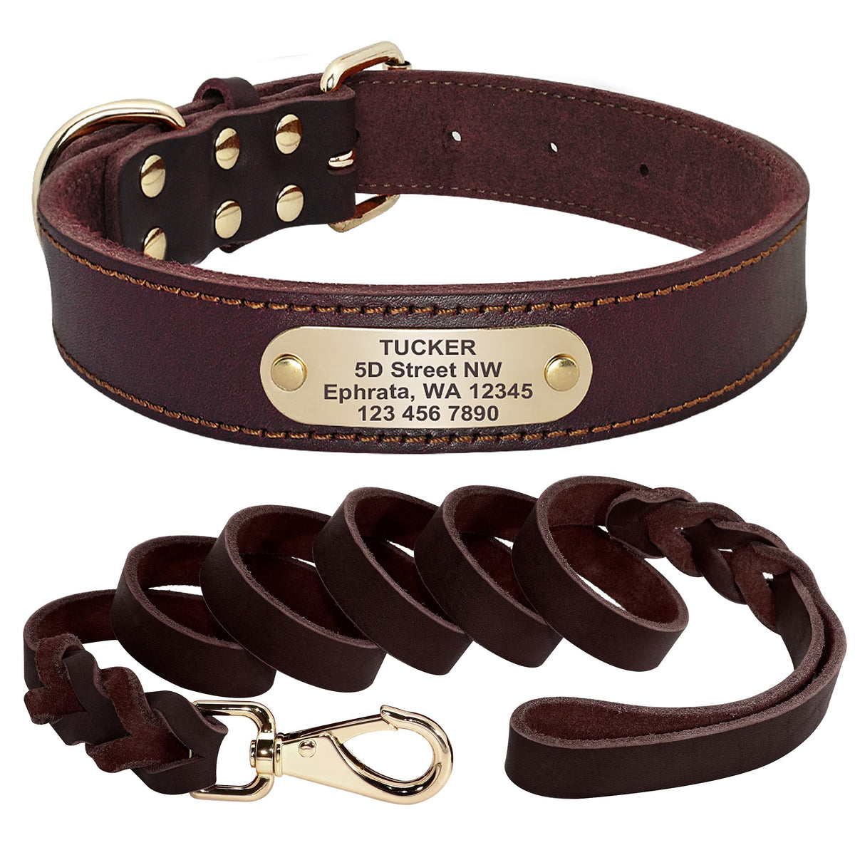 Beirui Personalized Leather Large Dog Collar and Leash Set, Custom Dog Collar with 5ft Leather Braided Dog Leash, Engraved Nameplate for Medium Large Dogs Pet (Brown, 19-24" Neck)