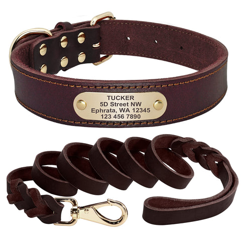 Beirui Personalized Leather Large Dog Collar and Leash Set, Custom Dog Collar with 5ft Leather Braided Dog Leash, Engraved Nameplate for Medium Large Dogs Pet (Brown, 19-24" Neck)