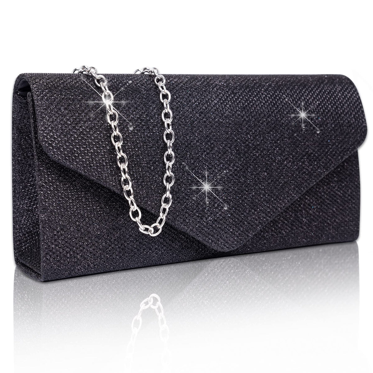 Larcenciel Women's Clutches, Sparkly Envelope Evening Clutch Bags with Detachable Chain, Sequin Handbags for Ladies, Elegant Cross Body Shoulder Bags Bridal Purses for Women Prom Party Wedding, Black