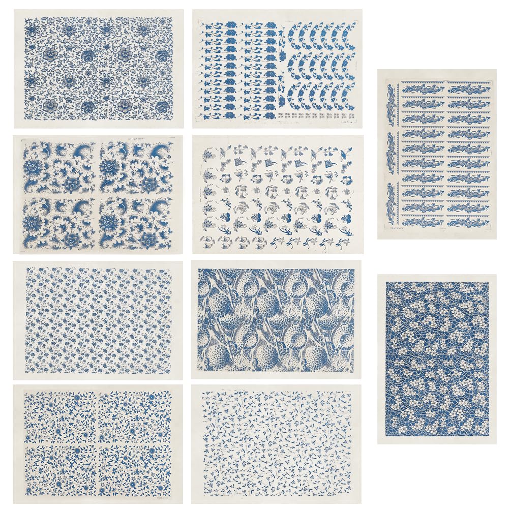 WEBEEDY 10pcs Underglaze Transfers Decals Blue Flower Ceramic Decals Ceramic Clay Transfer Paper Sheets for Pottery Overglaze Enamel Decal Waterslide Decal