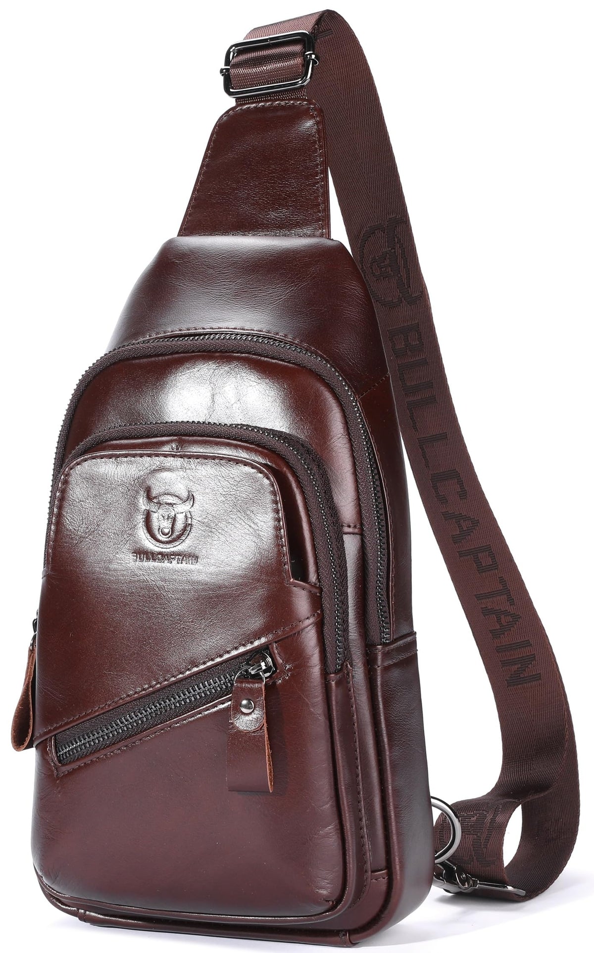 BULLCAPTAIN Leather Sling Chest Bag for Men Outdoor Hiking Travel Crossbody Bag Backpack with USB Charging Port (Dark brown)