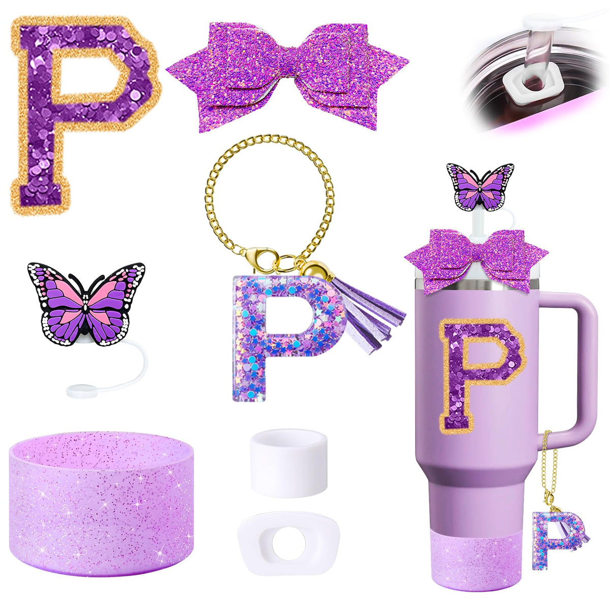 7Pcs Purple Stanley Cup Accessories Set for Stanley Cup 30&40 Oz Tumbler - Silicone Straw Cover Cap and Boot, Letter Charm for Handle, Spill Proof Stopper, Bow straw Decoration, Initial Sticker(P)