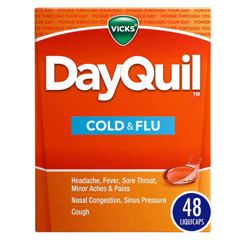 Vicks DayQuil Cold & Flu Medicine, Non-Drowsy Powerful Multi-Symptom Daytime Relief for Headache, Fever, Sore Throat, Minor Aches and Pains, Nasal Congestion, Sinus Pressure and Cough, 48 Liquicaps