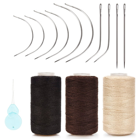 Beayuer Needle and Thread Set Professional Hair Extension Tools Hair Weave Needle 10 pcs with 3 pcs Black Brown Beige Threads for Making Wig Sewing Hair Weft Hair Weave Extension (Mixed Color)