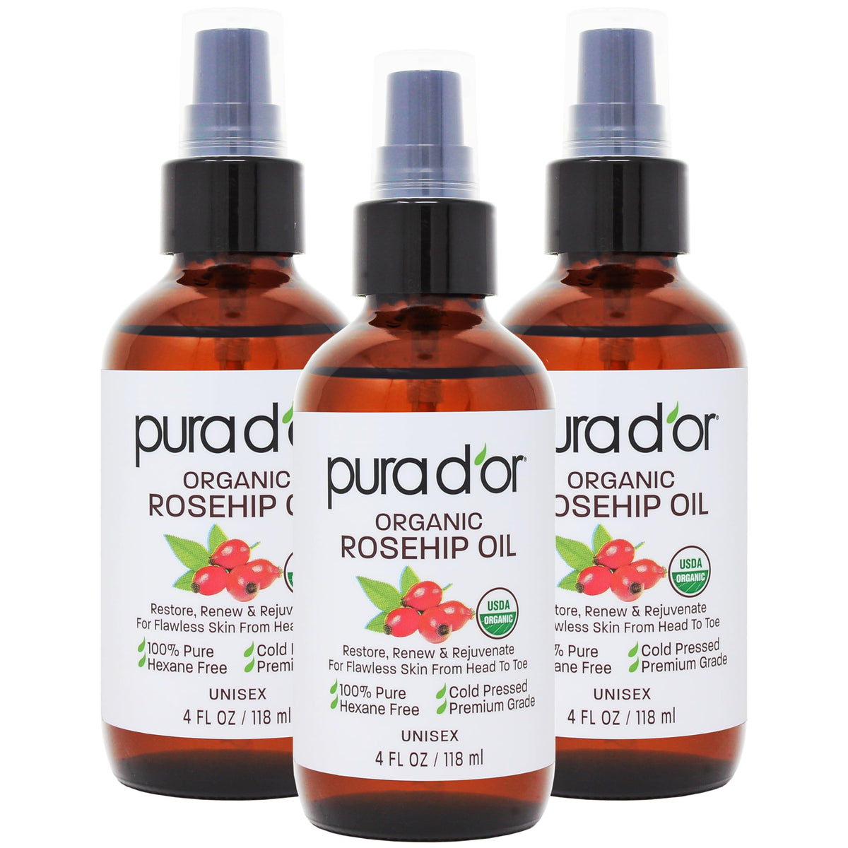 PURA D'OR ORGANIC Rosehip Seed Oil Hair Relaxer (4 Oz x3 = 12 Oz) 100% Pure Cold Pressed USDA Certified All Natural Anti-Aging, Acne Scar Treatment, Gua Sha Massage, Face, Hair & Skin - Women & Men