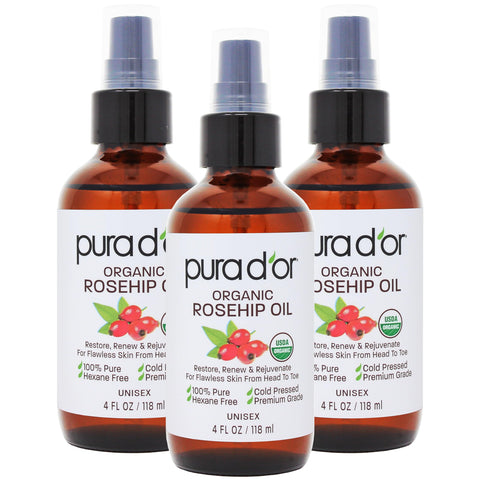 PURA D'OR ORGANIC Rosehip Seed Oil Hair Relaxer (4 Oz x3 = 12 Oz) 100% Pure Cold Pressed USDA Certified All Natural Anti-Aging, Acne Scar Treatment, Gua Sha Massage, Face, Hair & Skin - Women & Men