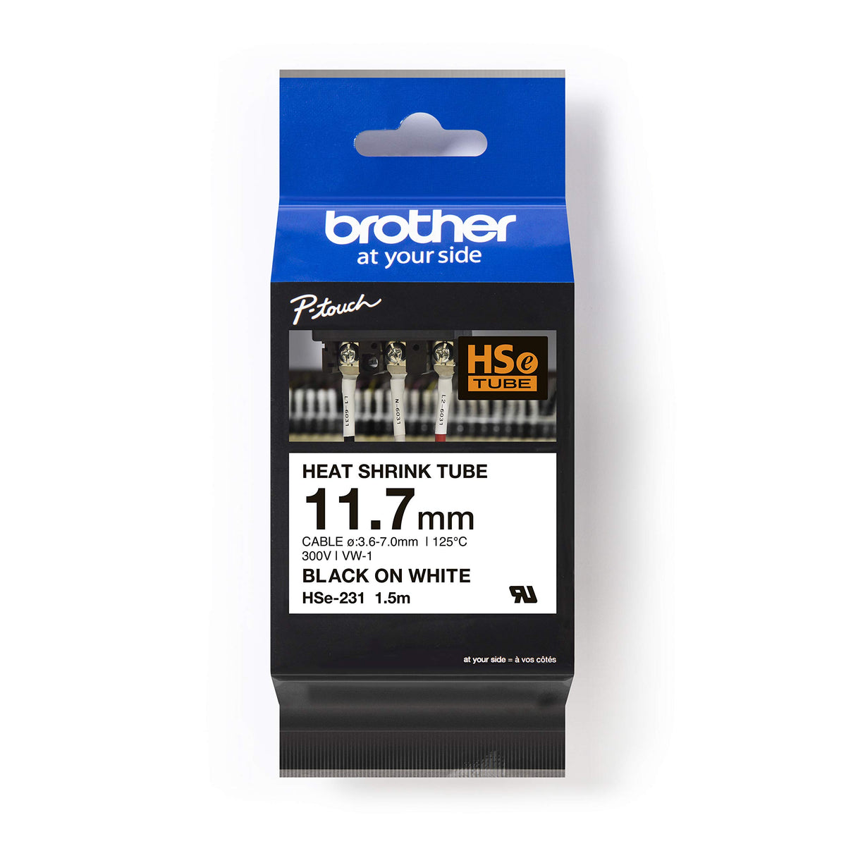 Brother HSe-231 Labelling Tape Cassette, Black on White, 11.7mm (W) x 1.5M (L), Heat Shrink Tube, Brother Genuine Supplies