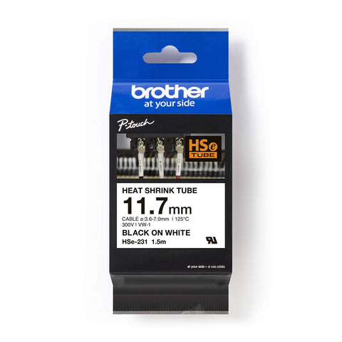 Brother HSe-231 Labelling Tape Cassette, Black on White, 11.7mm (W) x 1.5M (L), Heat Shrink Tube, Brother Genuine Supplies