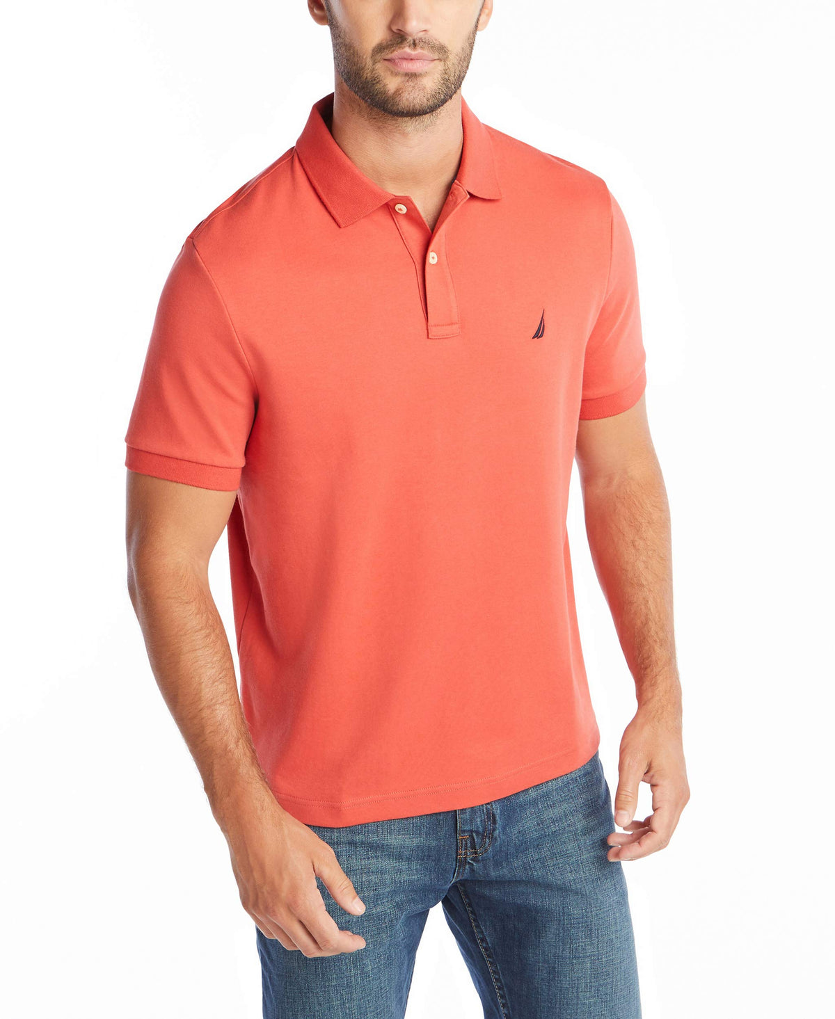 Nautica Men's Classic Fit Short Sleeve Solid Soft Polo Shirt, Sunbaked Red Solid, Large