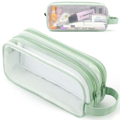 Large Grid Mesh Pencil Case 2 Compartments, Clear Pen Pencil Pouch with Zipper, Multifunction Transparent Stationery Bag for Student College Office Teen Boys Girls Makeup Bag for Adults Travel(Green)