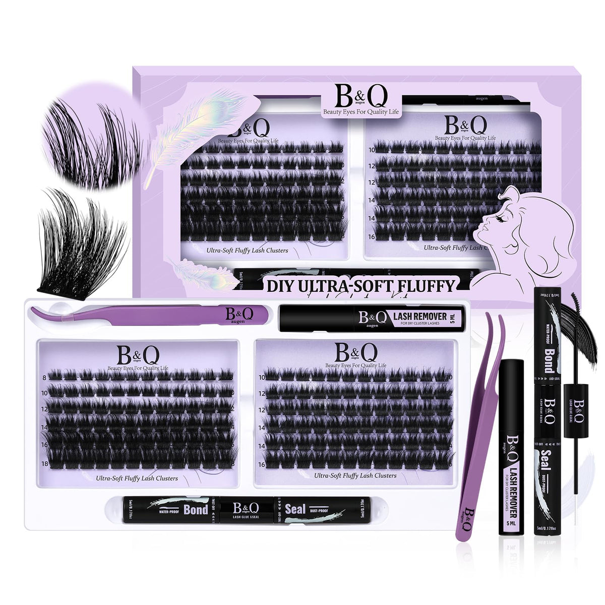 B&Q Lash Extension Kit F03 Eyelash Extension Kit 144 PCS Ultralight Eyelash Clusters Lash Clusters Kit 8-18MIX DIY Ultra-Soft Cluster Eyelash Extensions at Home with Lash Applicator Tools (Kit?F03)