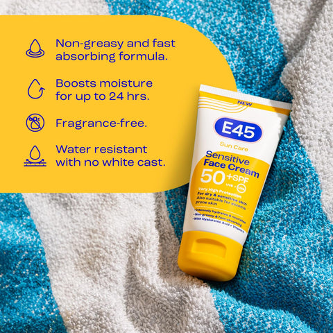 E45 SPF50+ Sensitive Sun Cream for Face with Hyaluronic Acid - UVA and UVB Protection - Fragrance-Free and Dermatologically Tested Sunscreen - Suitable For Dry, Sensitive and Eczema Prone Skin (50ml)
