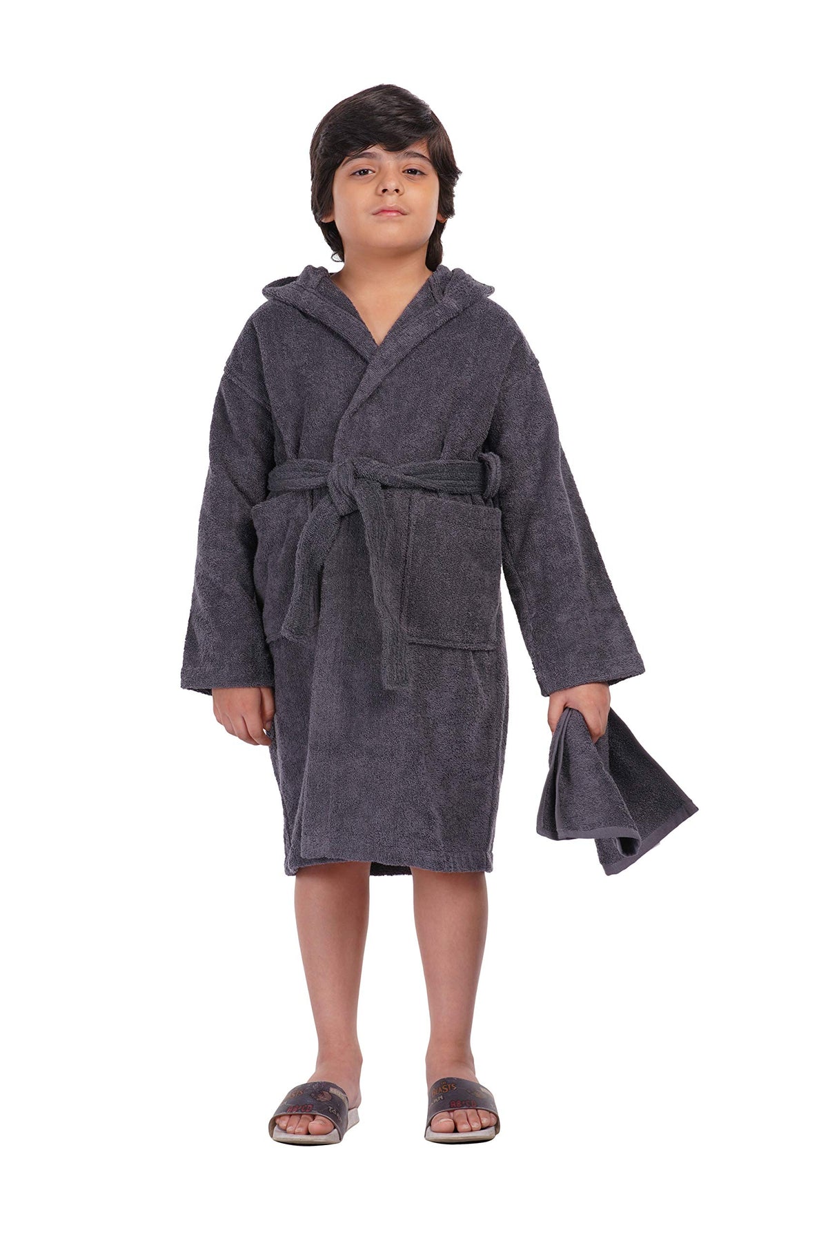 ALLEN & MATE Children 100% Terry Cotton Quick Dry Hooded Bathrobe for Kids Boys Girls Dressing Gown with Head Towel & Pockets (12-13 Years, Charcoal)