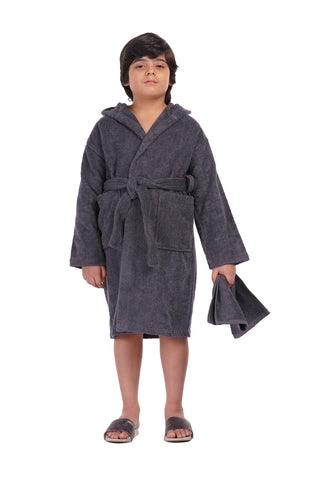 ALLEN & MATE Children 100% Terry Cotton Quick Dry Hooded Bathrobe for Kids Boys Girls Dressing Gown with Head Towel & Pockets (12-13 Years, Charcoal)