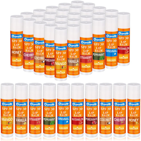 Dansib 30 Pcs SPF 30 Lip Balms Sunscreen Lip Balm Sticks Bulk Assorted 10 Flavors Party Gifts Favors Lip Moisturizing Protect for Outdoor Travel Beach Wedding Baby Shower