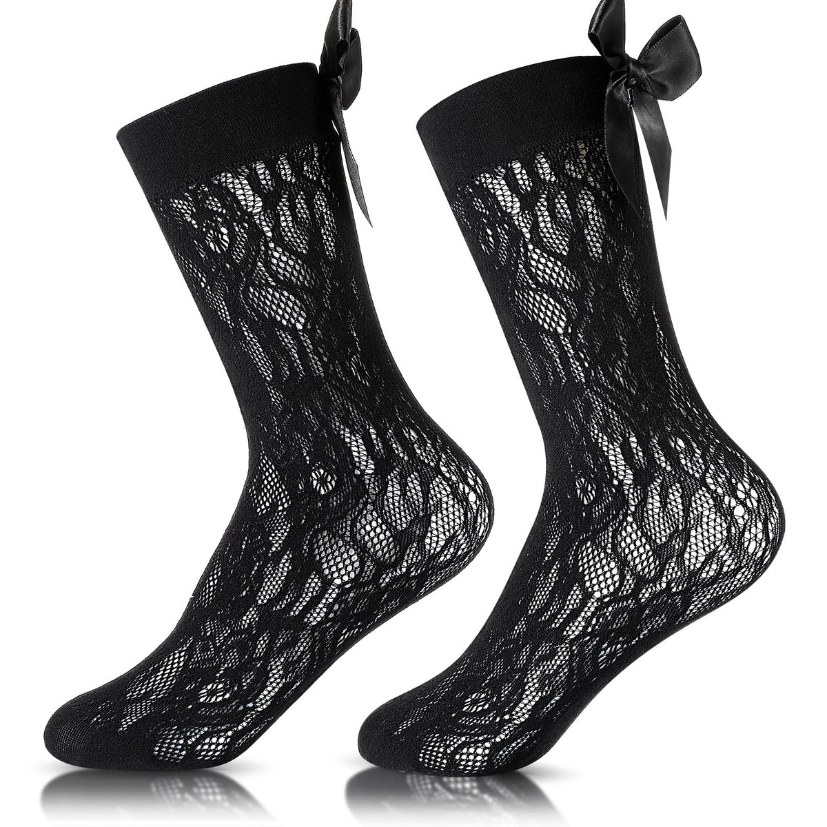 SATINIOR Carnival Knee High Socks for Women Lace Stockings Socks with Bow Fishnet Stockings for Women Ladies Girls (Black)