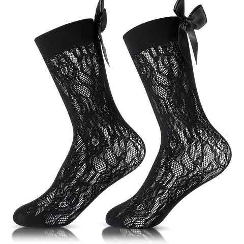 SATINIOR Carnival Knee High Socks for Women Lace Stockings Socks with Bow Fishnet Stockings for Women Ladies Girls (Black)