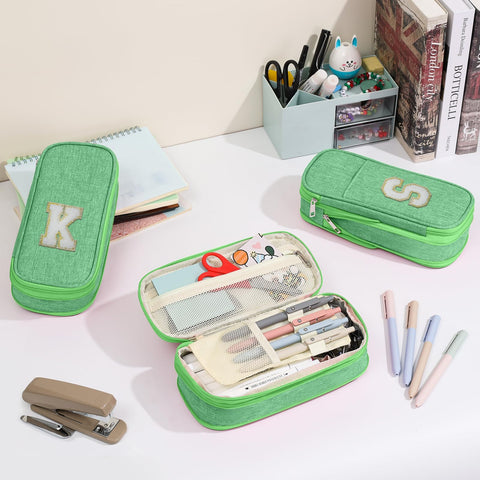 GIFTOXO Preppy Pencil Case for School Supplies, Large Initial Pencil Pouch with Zipper, Cute Pencil Bag for Office Supplies, Aesthetic Pen Case Box for Kids Teen Girls Adults - A(Green)