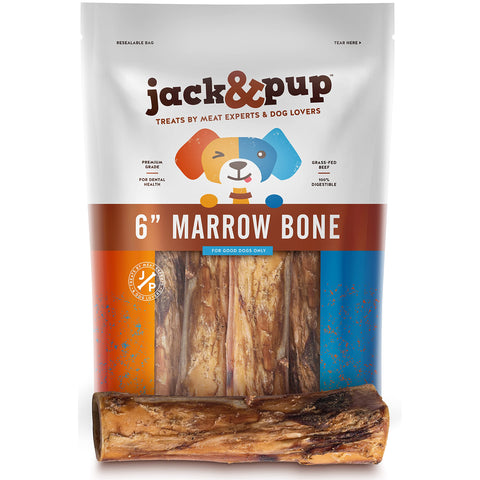 Jack&Pup Dog Bones for Aggressive Chewers Premium Grade Roasted Marrow Bones for Dogs - 6 inch Dog Bones for Large Dog - All Natural Gourmet Treat Chews - Long Lasting Chew (6 Pack)