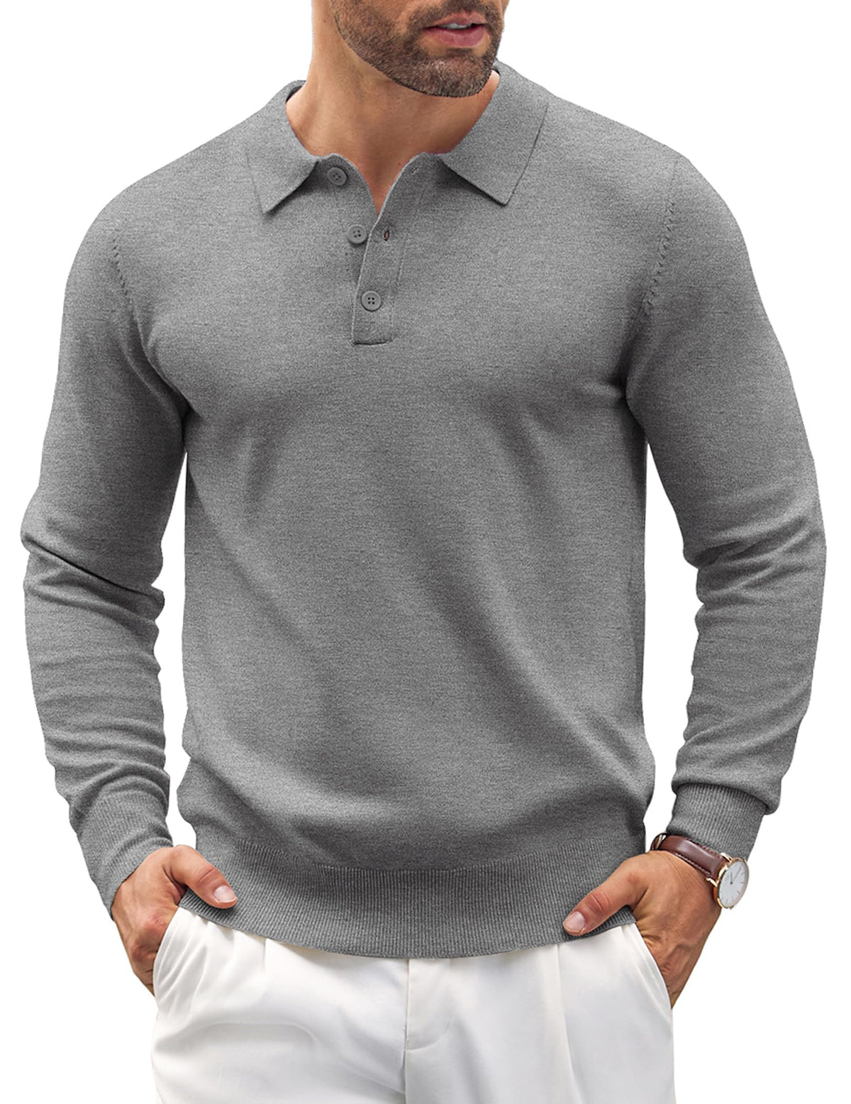 COOFANDY Men's Polo Shirt Casual Knit Long Sleeve Polo Shirt Classic Fit Shirts Grey