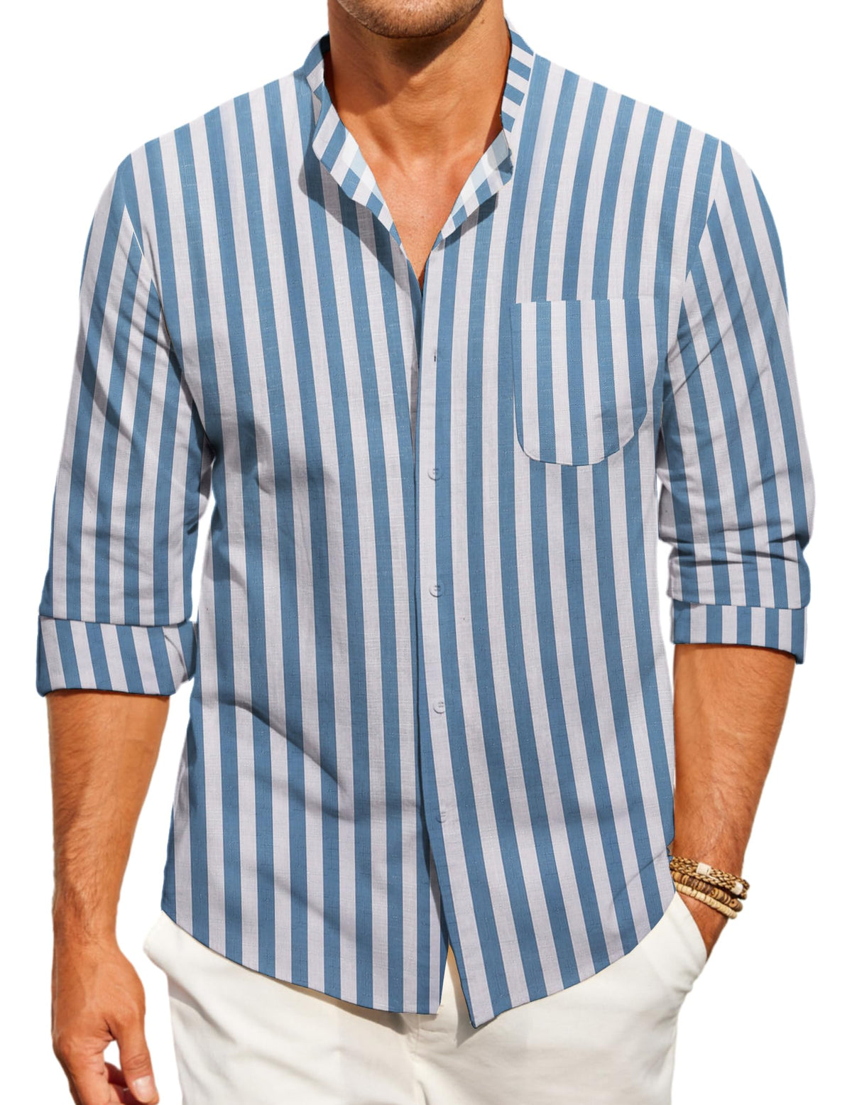 COOFANDY Mens Long Sleeve Button Down Fashion Cotton Linen Block Striped Casual Front Pocket Work Shirt