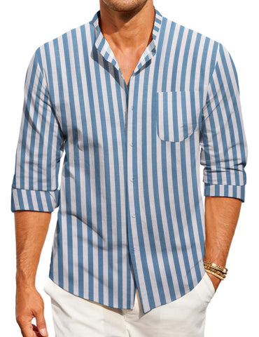 COOFANDY Mens Long Sleeve Button Down Fashion Cotton Linen Block Striped Casual Front Pocket Work Shirt