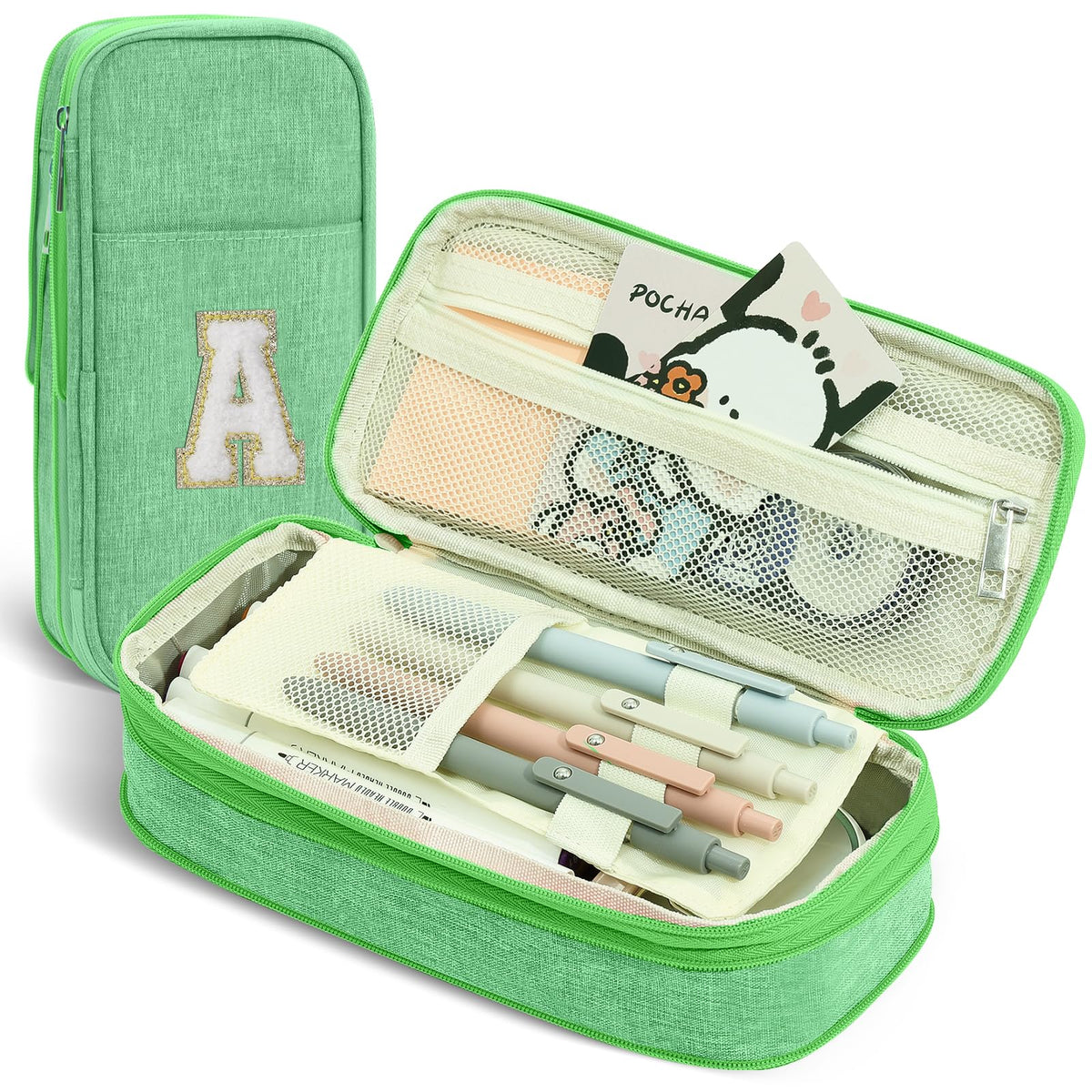 GIFTOXO Preppy Pencil Case for School Supplies, Large Initial Pencil Pouch with Zipper, Cute Pencil Bag for Office Supplies, Aesthetic Pen Case Box for Kids Teen Girls Adults - A(Green)
