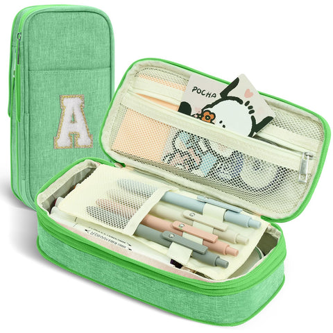 GIFTOXO Preppy Pencil Case for School Supplies, Large Initial Pencil Pouch with Zipper, Cute Pencil Bag for Office Supplies, Aesthetic Pen Case Box for Kids Teen Girls Adults - A(Green)