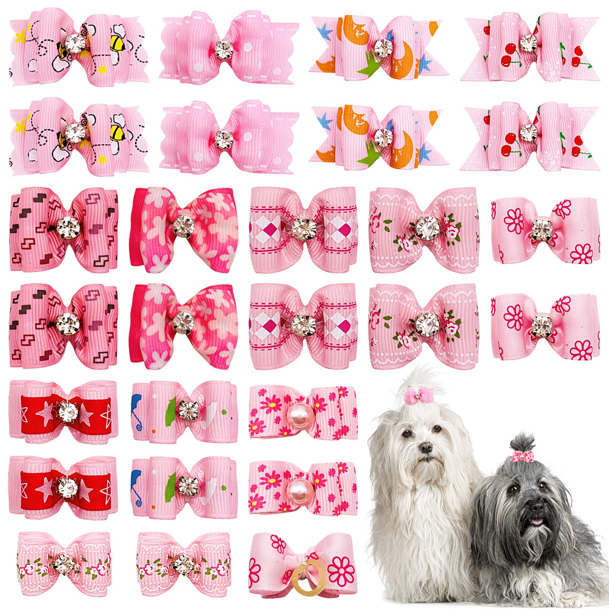 PET SHOW Mixed Styles Pet Cat Puppy Topknot Small Dog Hair Bows With Rubber Bands Grooming Accessories Pink Pack of 20
