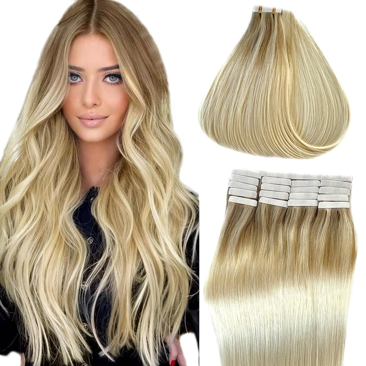 Tape in Hair Extensions Color Beige Blonde Mix Medium Blonde to Platinum Blonde Tape in Extensions Real Human Hair 18 Inch 50g/20pcs Highlight Hair Extensions Tape Ins Hair Extensions for Women