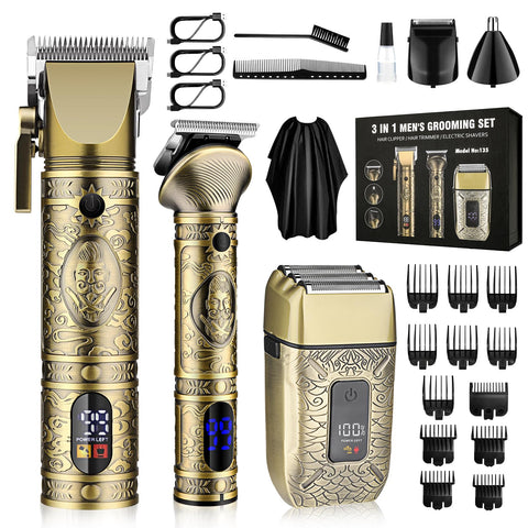 Hair Clippers for Men Professional Cordless Electric Razor Foil Shavers Barber Clippers Set Nose Hair Beard Trimmer Machines Zero Gapped T-Blade Liners Edgers Hair Trimmers for Hair Cutting Kit Gold