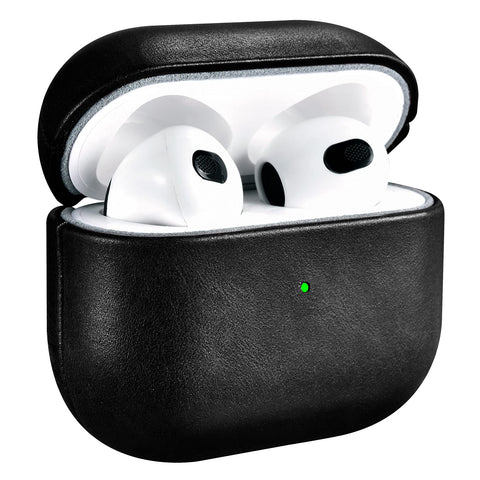 Leather Case for AirPods 3(October 2021) ICARERSPACE Premium Genuine Leather Shockproof Protective Case Cover for Apple AirPods 3 Earphones Charging Case (LED Visible) Support Wireless Charger BLACK