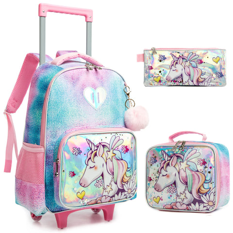 MOHCO Rolling Backpack for Kids Wheeled Backpack for Girls with Lunch Bag Pencil Case