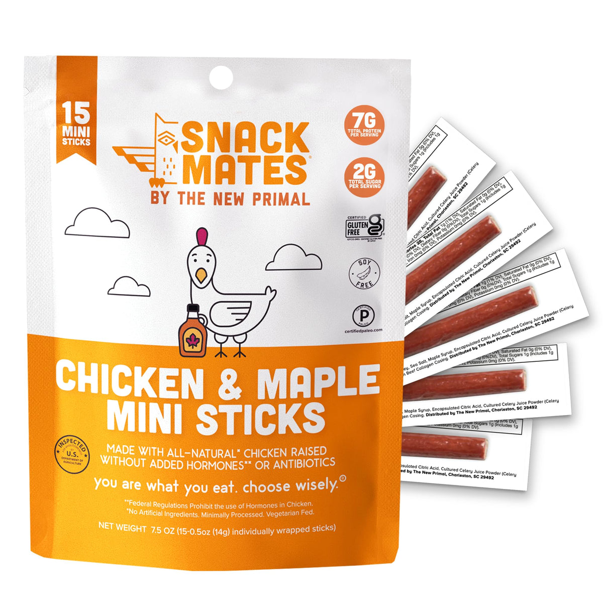 The New Primal Snack Mates Chicken & Maple Sticks, Gluten Free Healthy Snacks for Kids, Low Sugar High Protein Kids Snack for School, Mini Paleo Jerky Meat Stick, 7g Protein, 50 Calories, 15 Pack