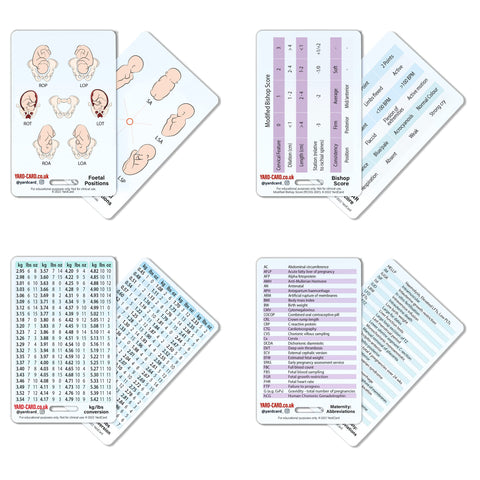 YardCard - Student Midwife Reference Card Set: Weight Conversions, Bishop Score, Foetal Positions, Abbreviations