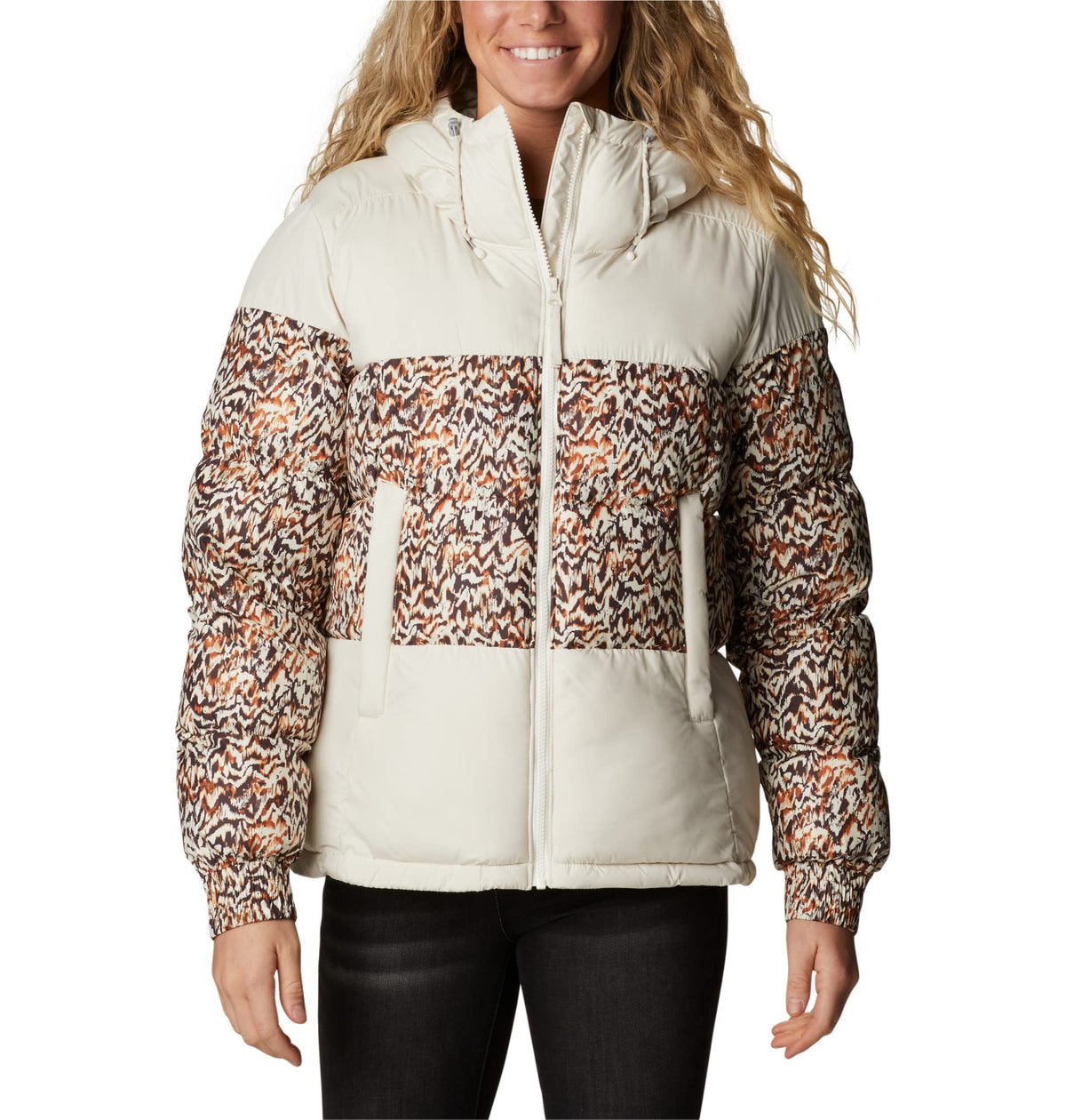 Columbia Women's Pike Lake 2 Hooded Insulated Jacket, Hooded Puffer Jacket, Chalk/Warm Copper Terrain Print, Size L
