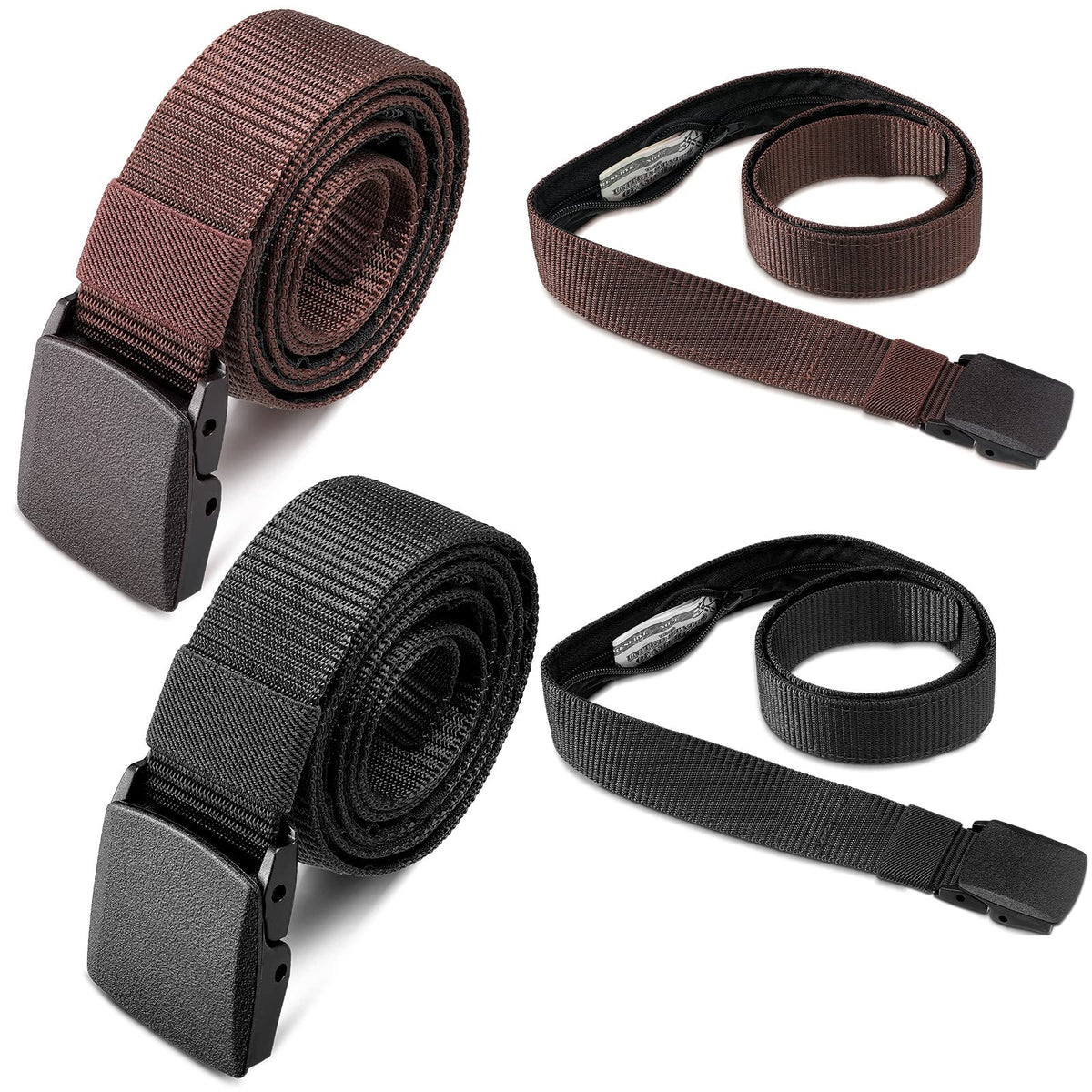 Eurzom 2 Pcs Money Belt for Men Travel Belt with Secret Compartment Cash Safe Anti Theft Belt Wallet Travel Security Nylon Belt Hidden Money Pocket Plastic Buckle Black and Coffee Women Unisex