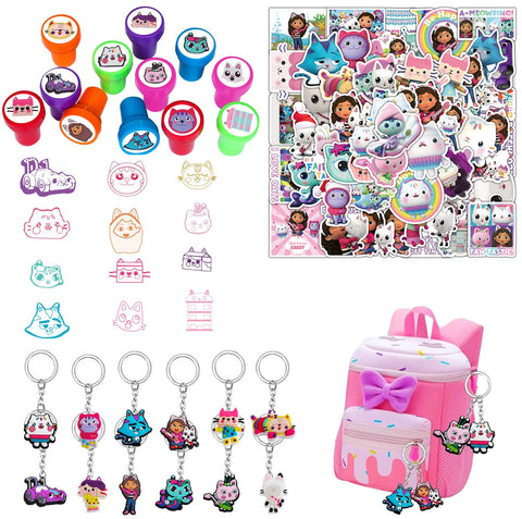 Junyaoii 74 Piece Dollhouse Party Favors, Includes 12 Dollhouse Stamps, 12 Dollhouse Keychain Pendants and Pack of 50 Stickers, for Birthday, Gift Bag Filler, Classroom Prizes