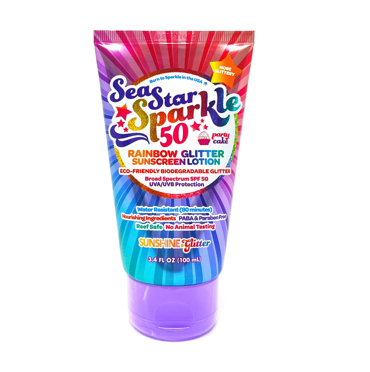 Sea Star Sparkle Rainbow Party Cake SPF 50 Biodegradable Glitter Sunscreen TSA approved