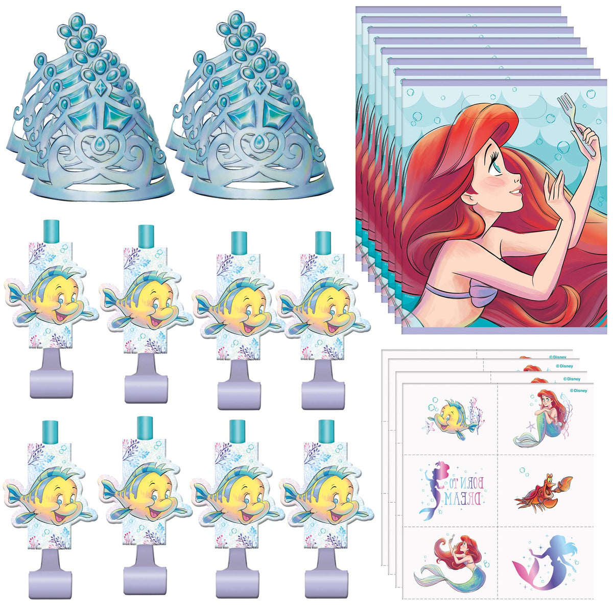 Unique The Little Mermaid Party Favor Bundle | Tattoo Sheets, Party Hats, Blowouts, Loot Bags | Kid's Birthday, Underwater Themed Event, Halloween, Officially Licensed by Unique