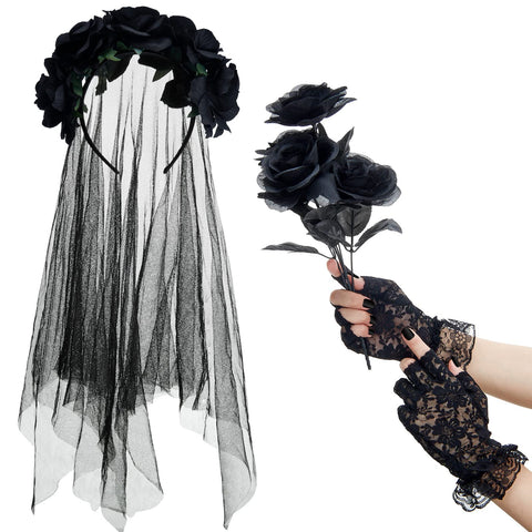SATINIOR Halloween Gothic Bride Costumes for Women Mesh Veil with Roses Garland Headband Roses Bouquet Fingerless Lace Gloves(Black)
