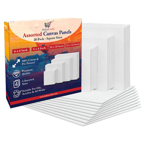 Habercrafts Assorted Square Canvas Panel Stretched Blank Primed Artist Boards 100% Cotton for Oil Acrylic Painting Acid Free White (6 x 6/8 x 8/10 x 10/12 x 12 Inch), Pack of 20, HC_CANAPAN_SQUARESET