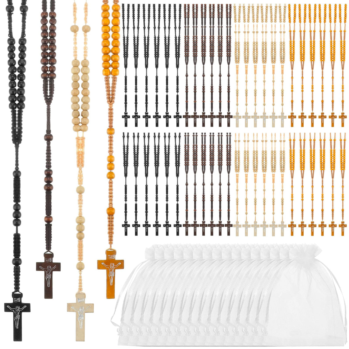 Tenceur 48 Pcs Wooden Rosary Beads Catholic Rosary with Jesus Cross First Communion Wood Carved Rosary Bulk with Organza Bags Catholic Gift Baptism Favors for Women Men(Multicolor)