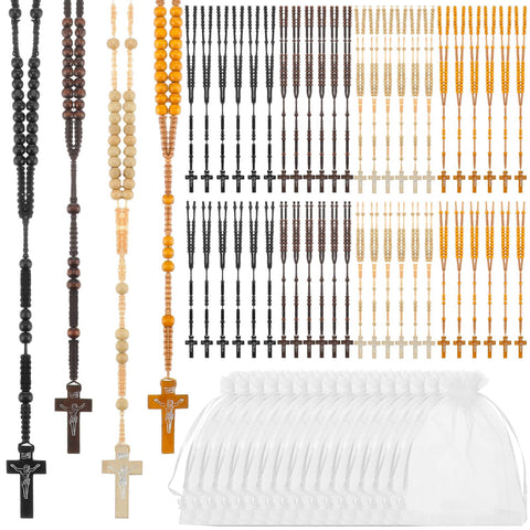 Tenceur 48 Pcs Wooden Rosary Beads Catholic Rosary with Jesus Cross First Communion Wood Carved Rosary Bulk with Organza Bags Catholic Gift Baptism Favors for Women Men(Multicolor)