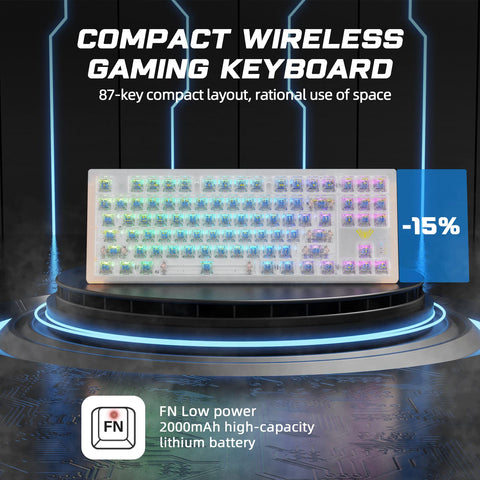 AULA Wireless Mechanical Keyboard, 3 in 1 Hot Swappable RGB Mechanical Gaming Keyboard with Transparent keycaps, 17 RGB Modes and 19 Side Light Modes, 87 Keys Anti-ghosting for Windows Mac PC Gamers