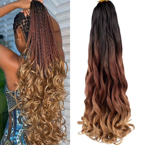 COOKOO 9 Packs 30 Inch Spanish Curly Braids Hair Ombre Dark Brown to Light Blonde Loose Wavy Braiding Hair 85g/pack Pre Stretched Synthetic Hair Extensions for Box Braids Crochet Hair 1B/30/27#